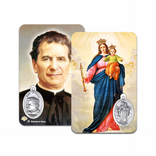 Holy Card Saint John Bosco + Mary Help of Christians with oval medal in meta