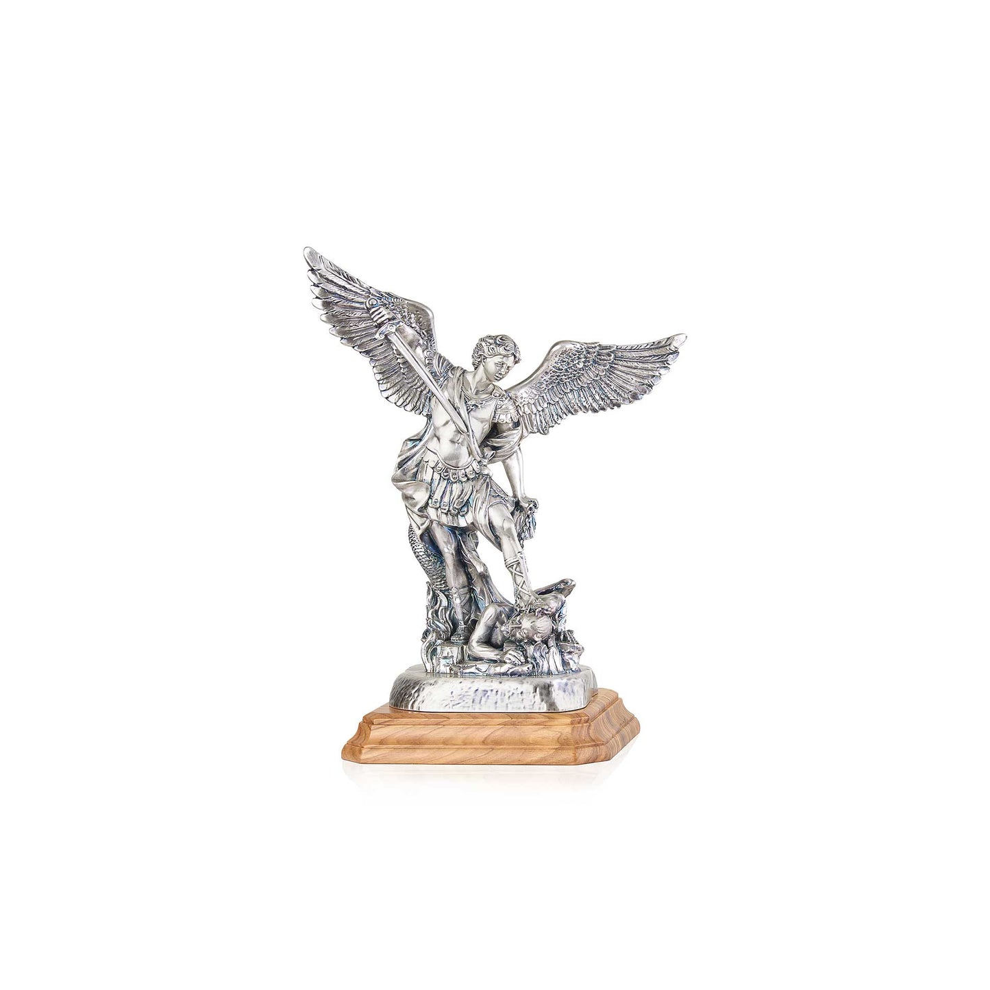 Resin Saint Michael Archangel with Olive Wood Base 9.5 Inches