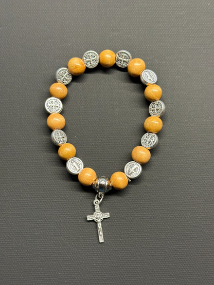 Elastic Rosary Bracelet Saint Benedict Wooden grain 8 mm