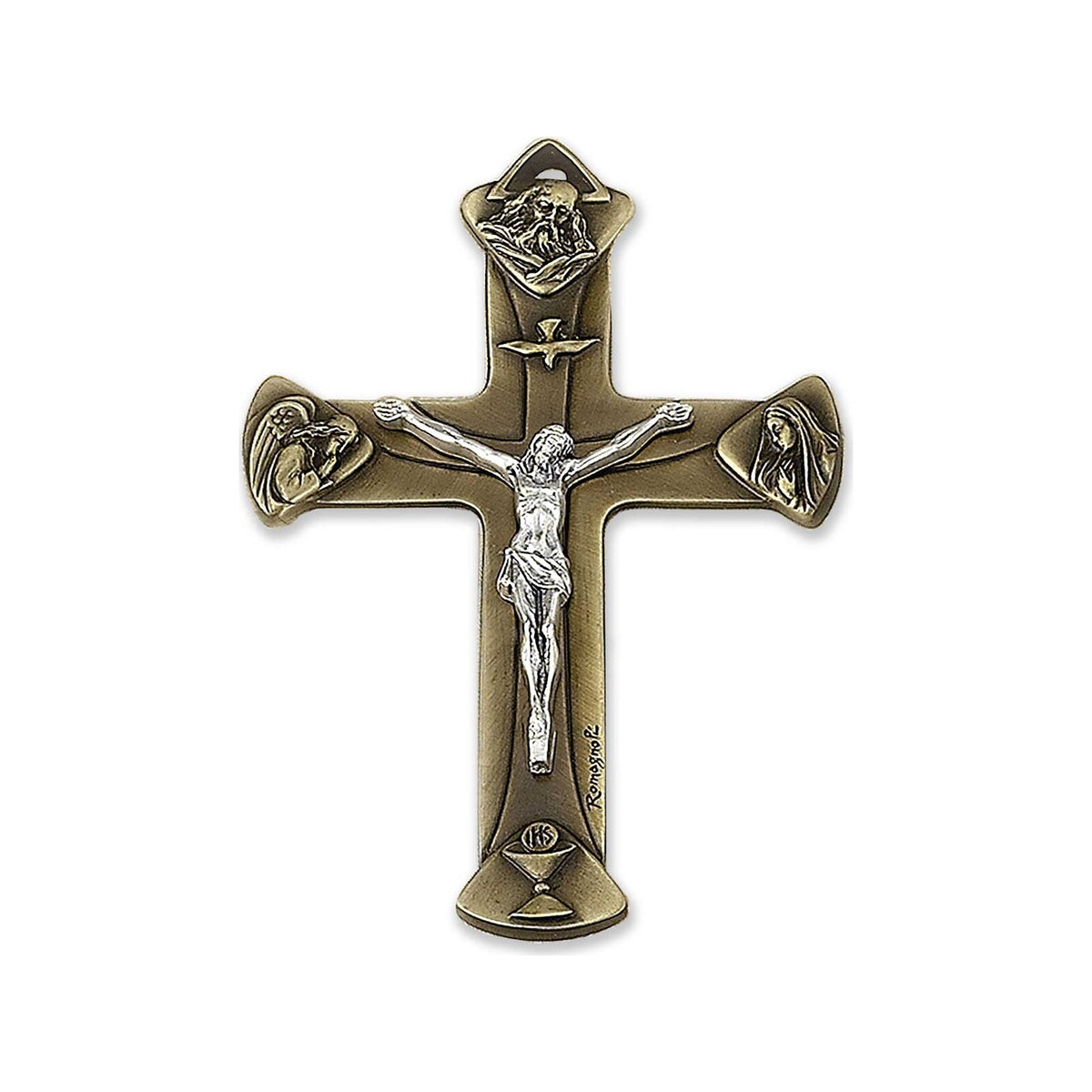 Holy Trinity bronze-tone metal crucifix with Catholic symbols