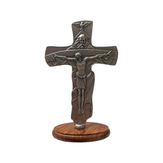 Holy Trinity metal cross with olive wood base