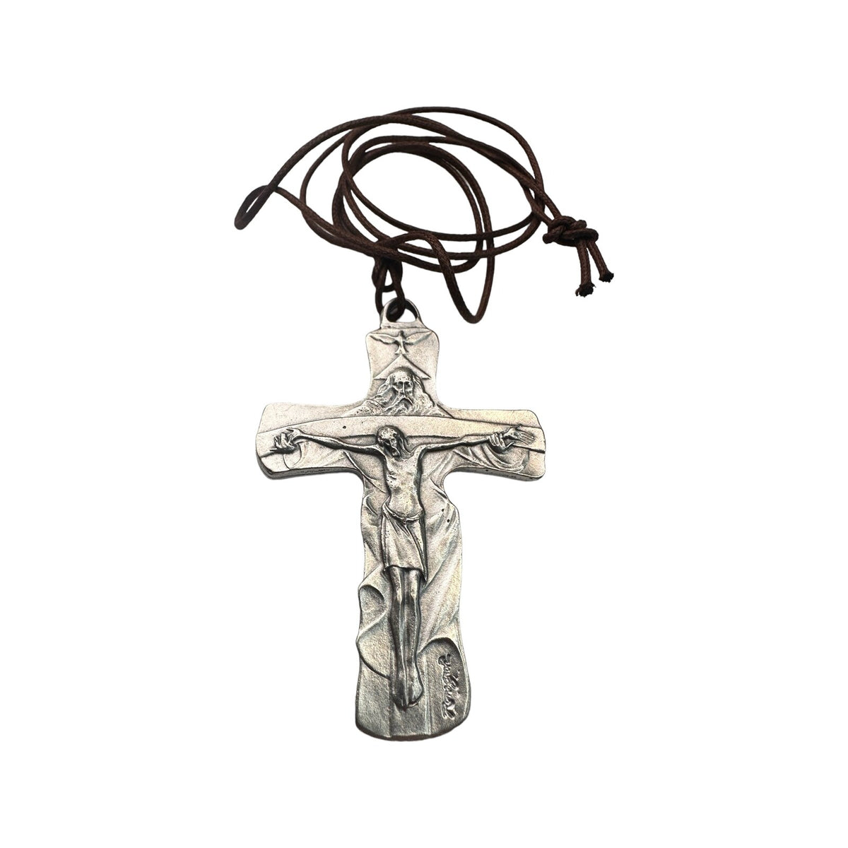 Holy Trinity silver-tone metal cross with brown cord