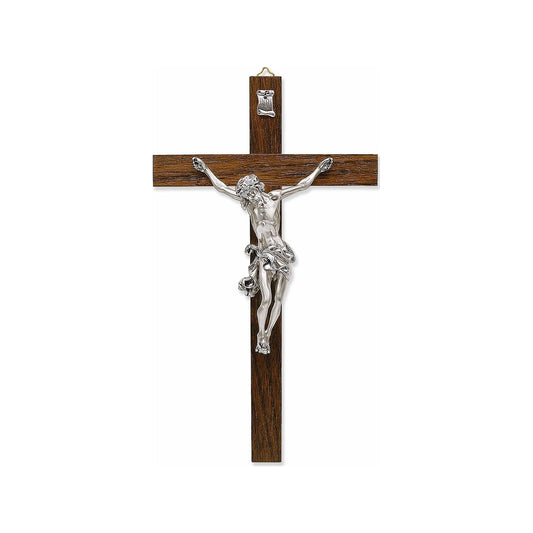 Italian solid wood crucifix with silver-tone resin corpus