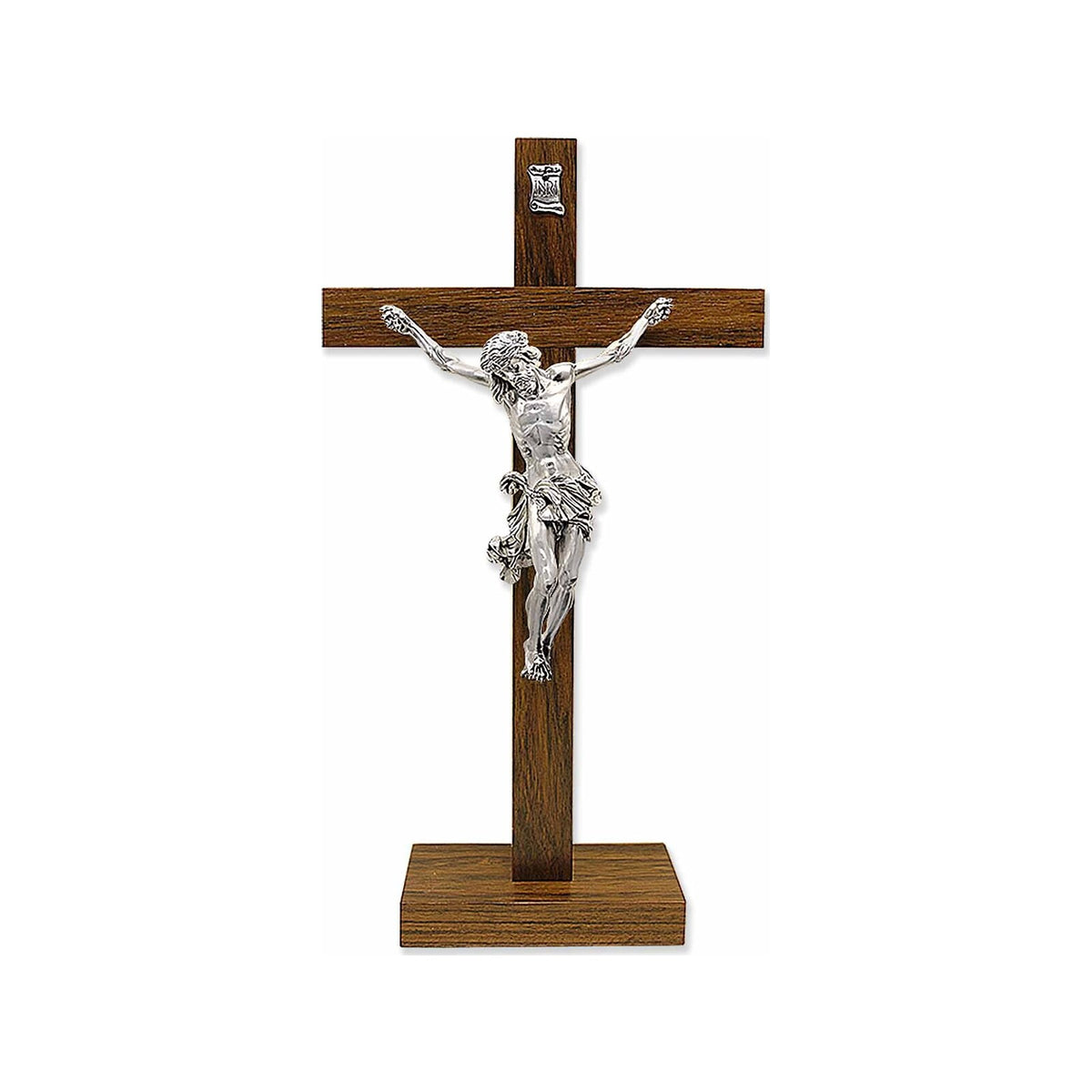 Italian standing wood crucifix with silver-tone resin corpus and base