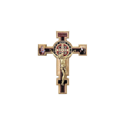 Large Saint Benedict wood crucifix with bronze-tone corpus