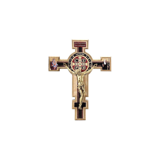 Large Saint Benedict wood crucifix with bronze-tone corpus