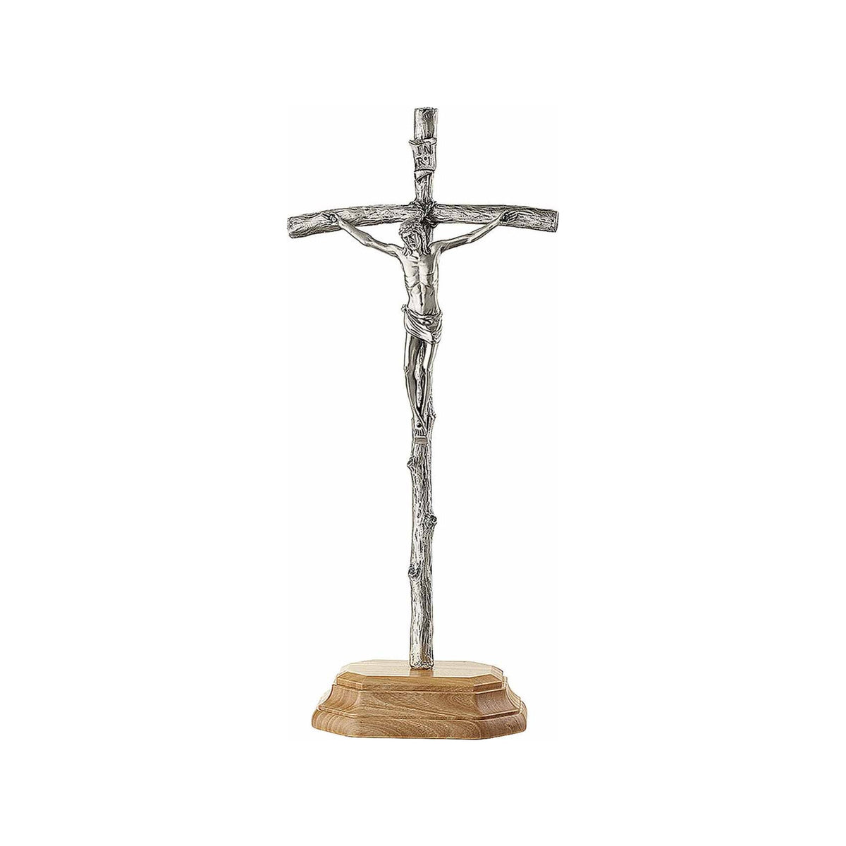 Italian metal standing crucifix with olive wood base