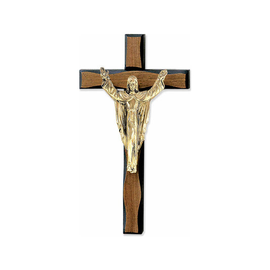Olive wood wall crucifix with gold-tone corpus