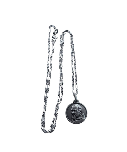 Coined Medal of Padre Pio in silver ø mm 21 With Chain 925 Silver/ Rhodium