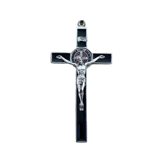 Saint Benedict black metal crucifix with silver-tone corpus