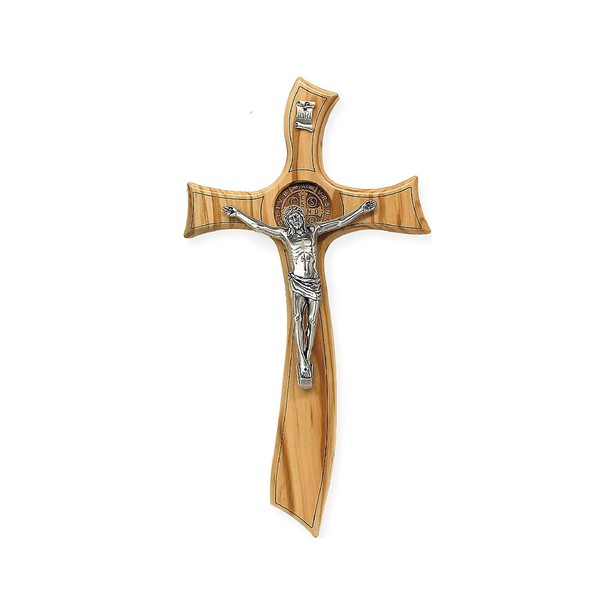 Saint Benedict olive wood crucifix with silver-tone metal corpus