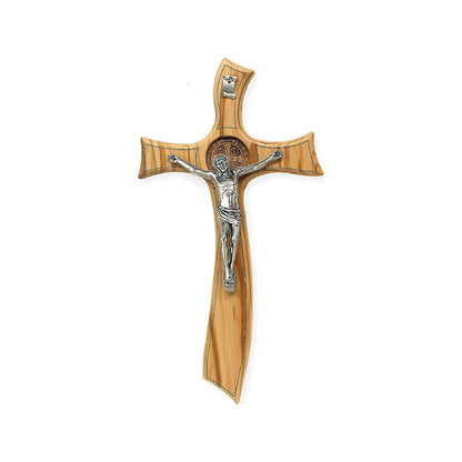 Saint Benedict olive wood crucifix with silver-tone metal corpus
