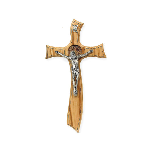 Saint Benedict olive wood crucifix with silver-tone metal corpus