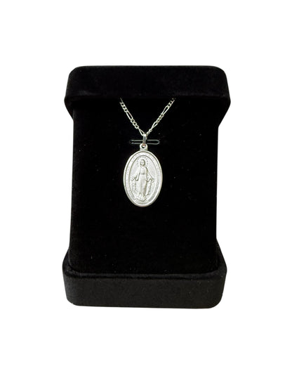 Medaglia Madonna Miracolosa in Argento rodiato 925 ovale mm.23 Con Catena in Argento 925 cm 23,5