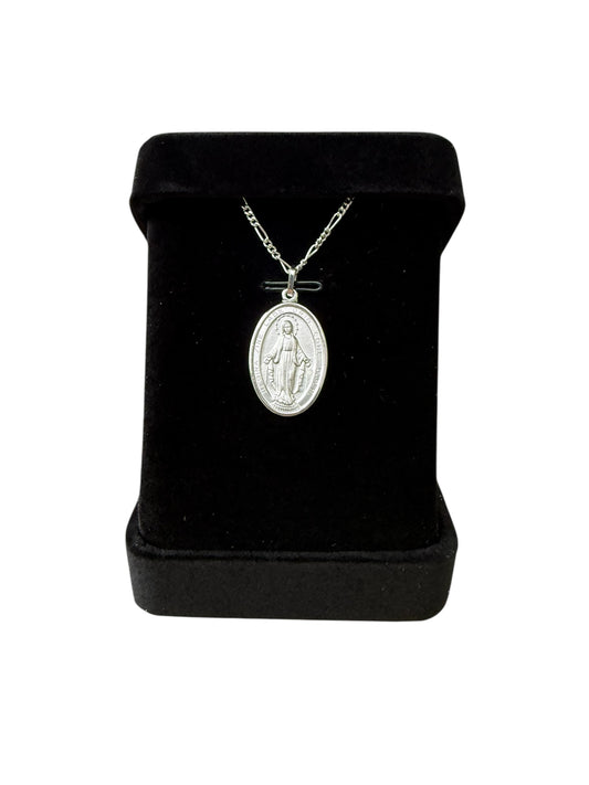Medaglia Madonna Miracolosa in Argento rodiato 925 ovale mm.23 Con Catena in Argento 925 cm 23,5
